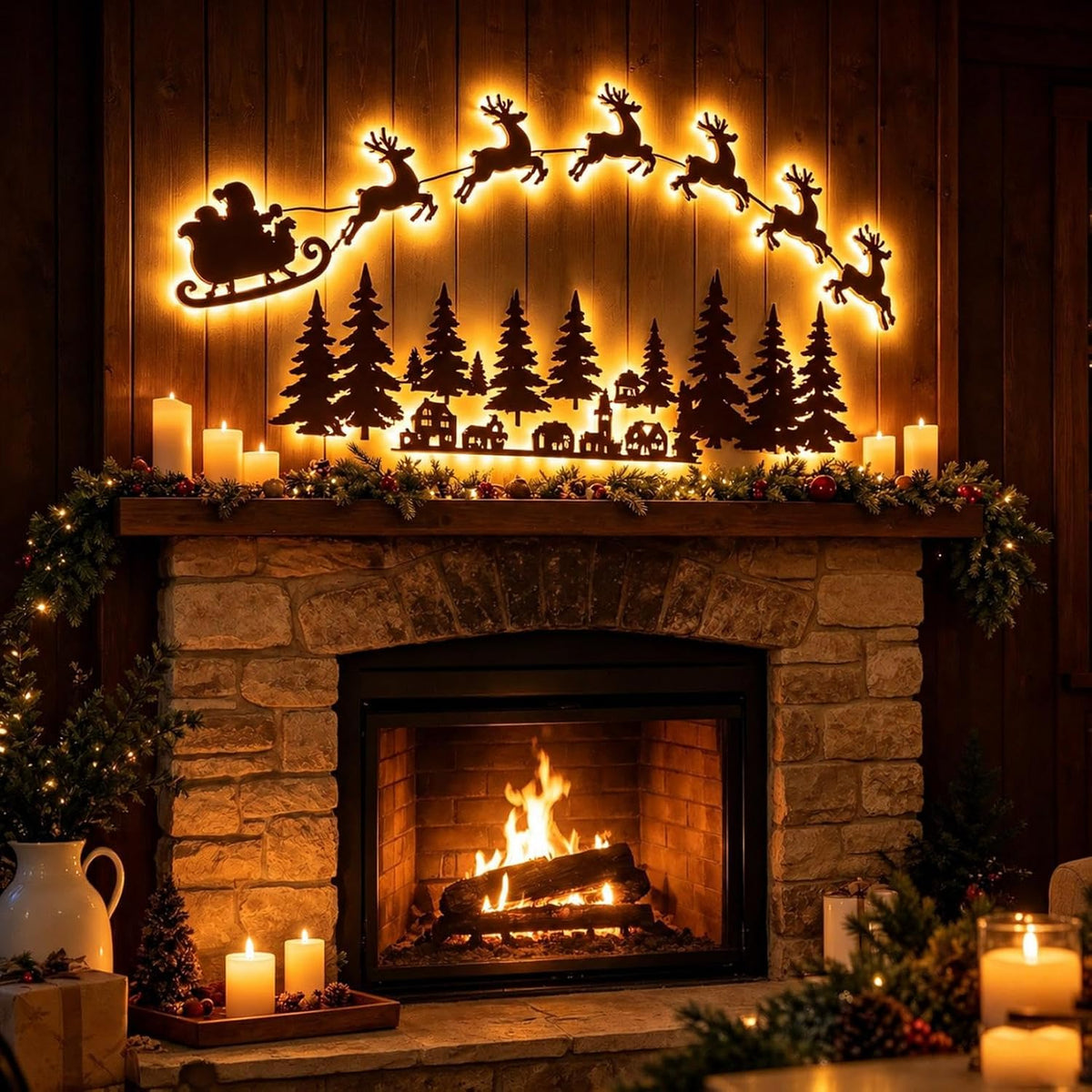 Christmas Reindeer and Santa's Sleigh LED Wall Decor
